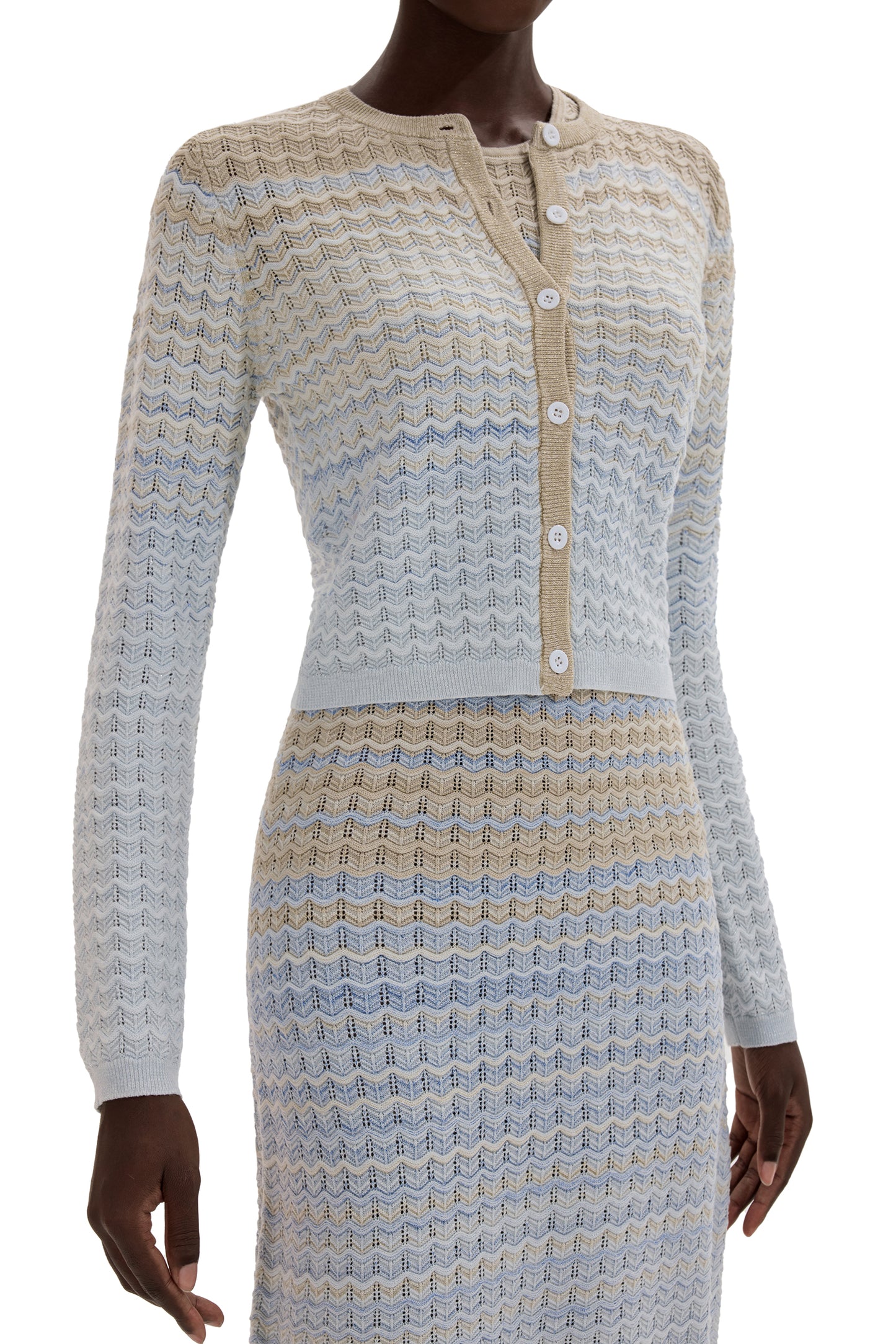 Knit Lurex Long Sleeve Coat & Sleeveless Midi Skirt Set