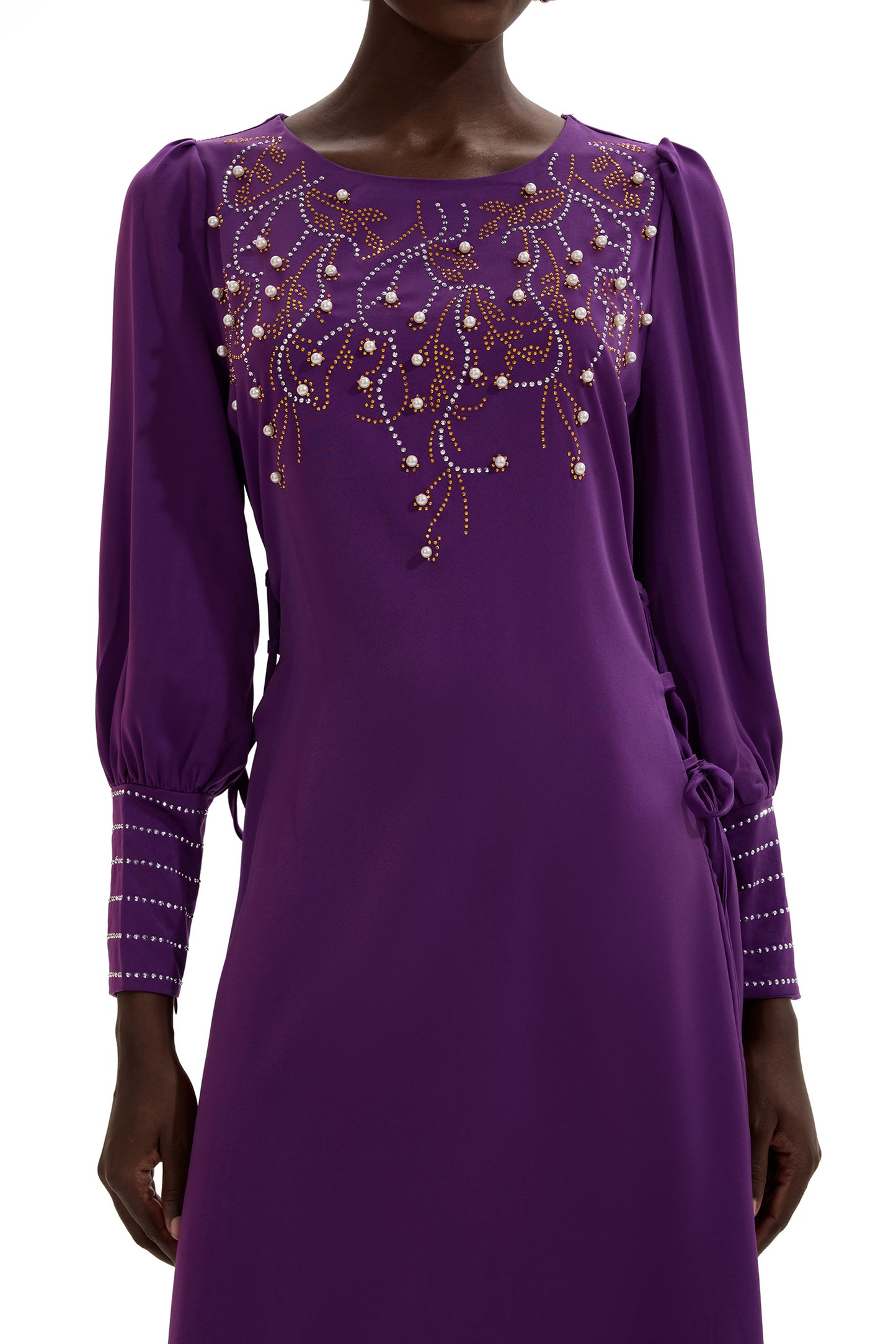 Rhinestone Lantern Sleeve Midi Dress