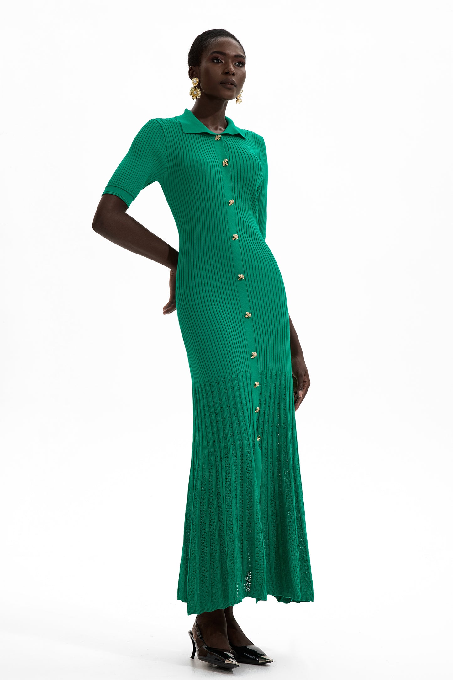 Jersey Flapped Metal Button Midi Dress
