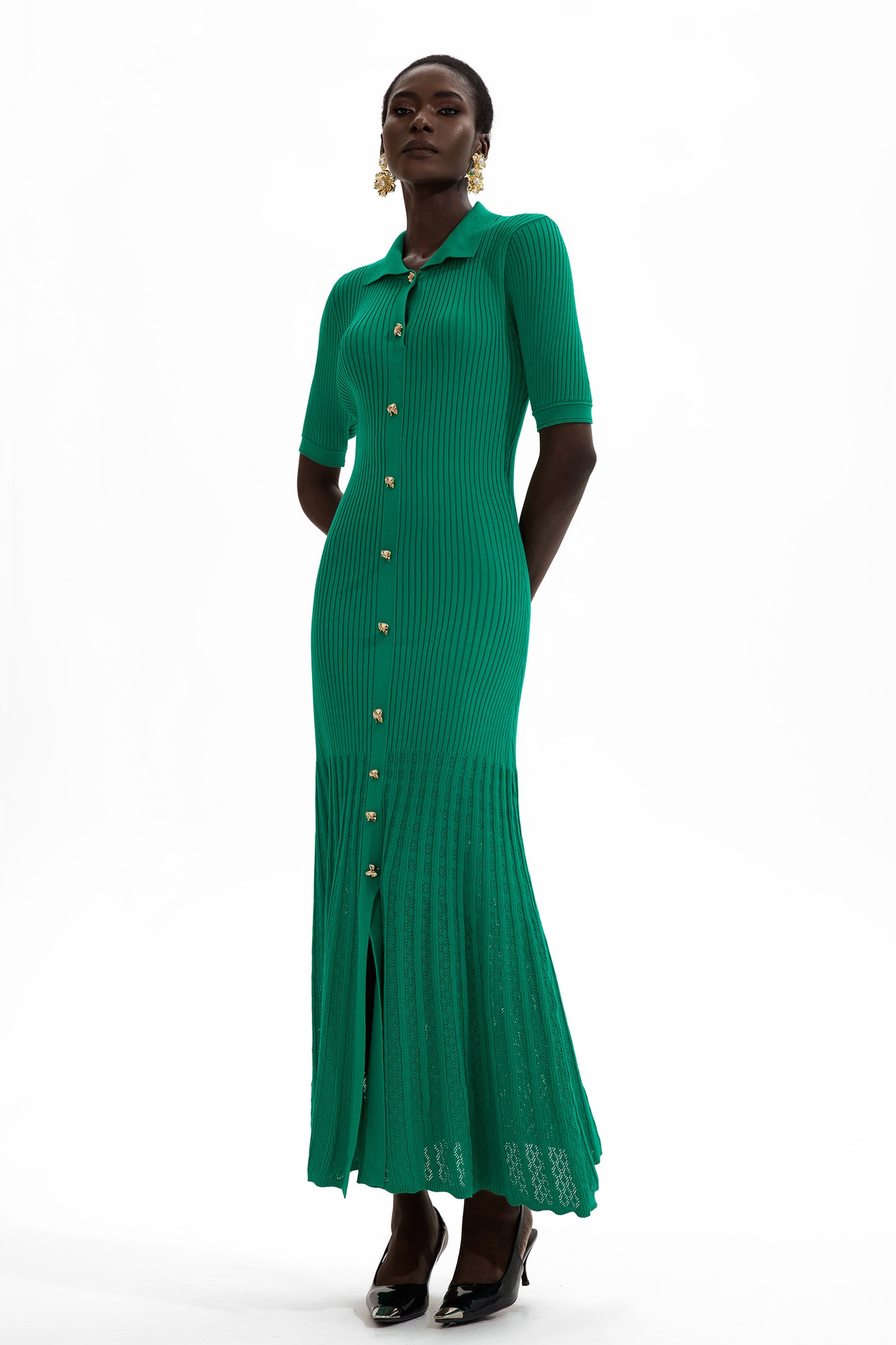 Jersey Flapped Metal Button Midi Dress