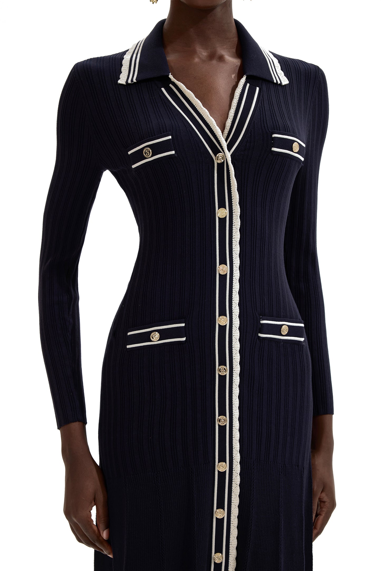 Knit Contrast Color Long Sleeve Midi Dress