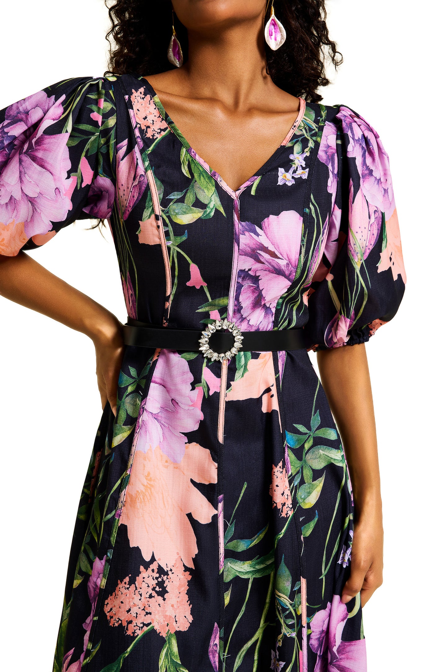 Floral V-Neck Midi Dress With Belt