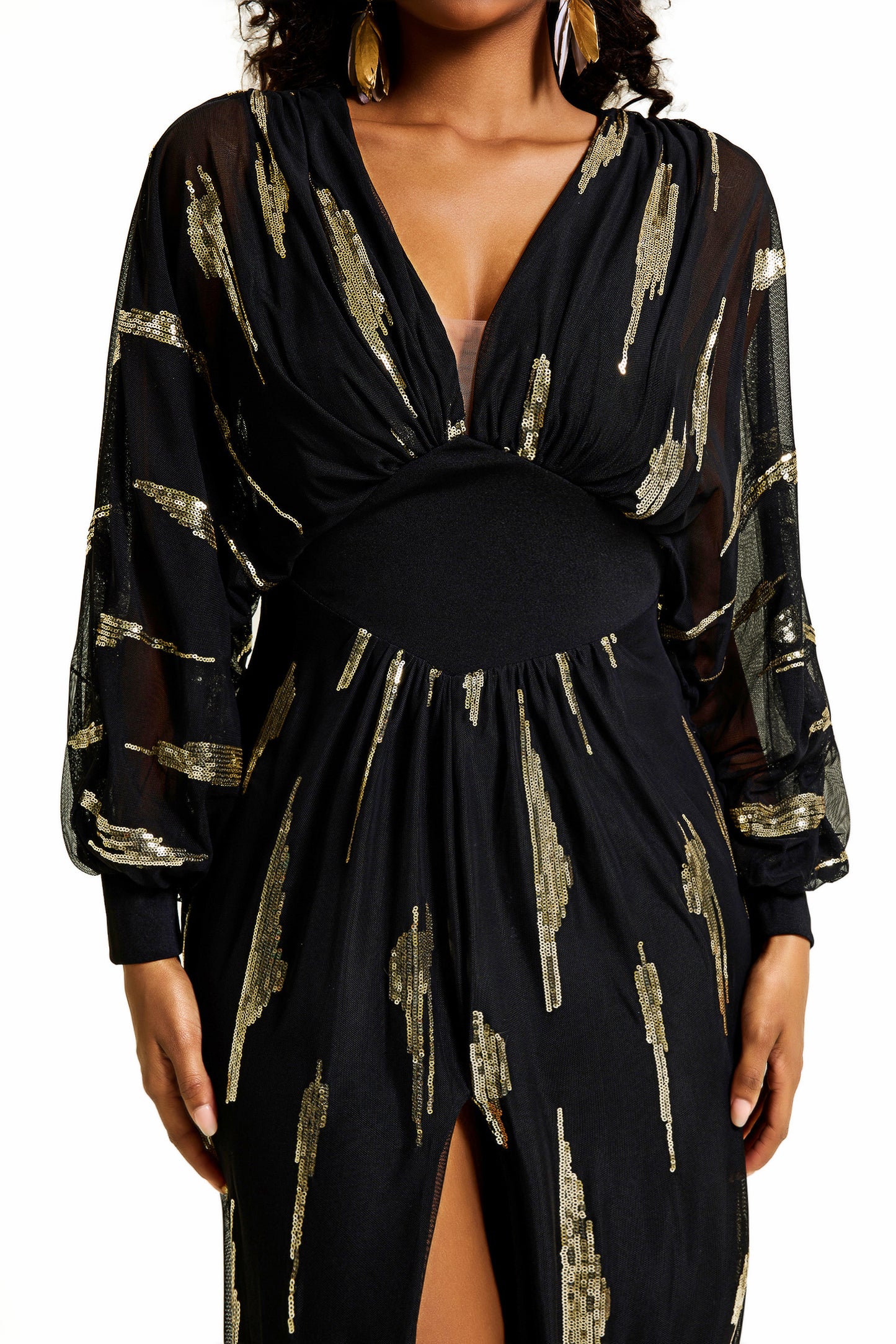 Gold Foil Stamping Slit Long Sleeve Maxi Dress