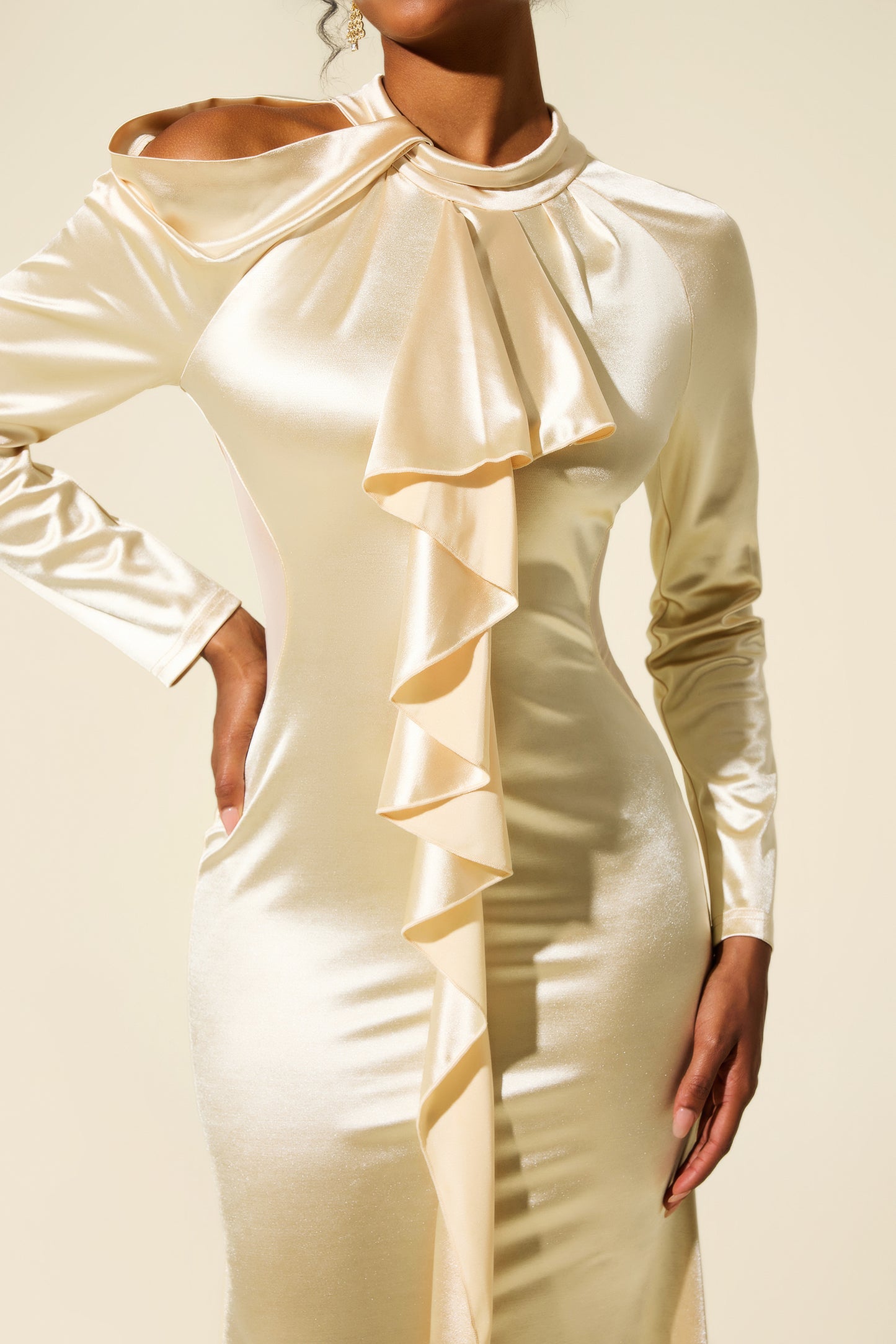 Solid Frill Cut-Out Midi Dress