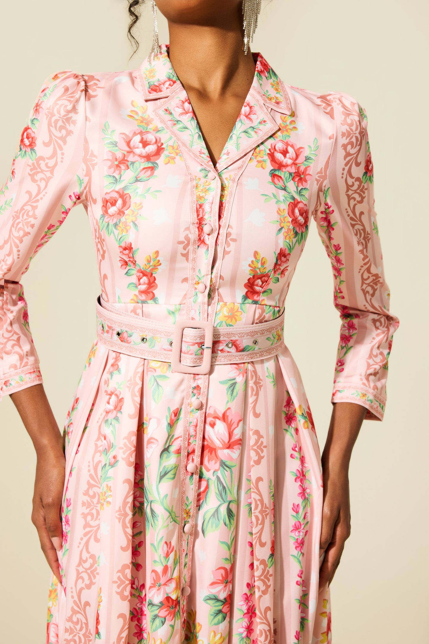 Floral Long Sleeve Midi Dress With Belt