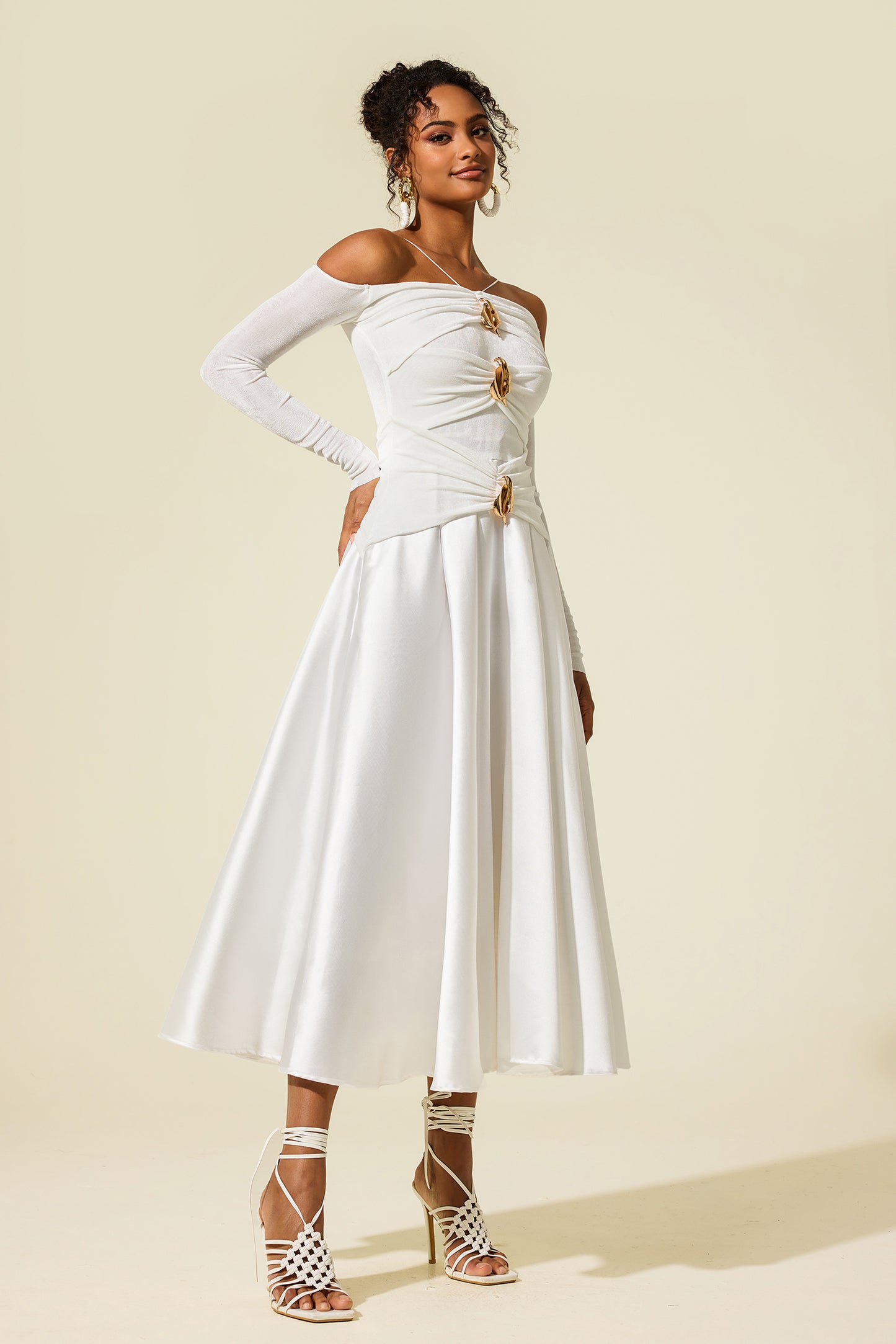 Satin Jersey Long Sleeve Off-Shoulder Midi Dress