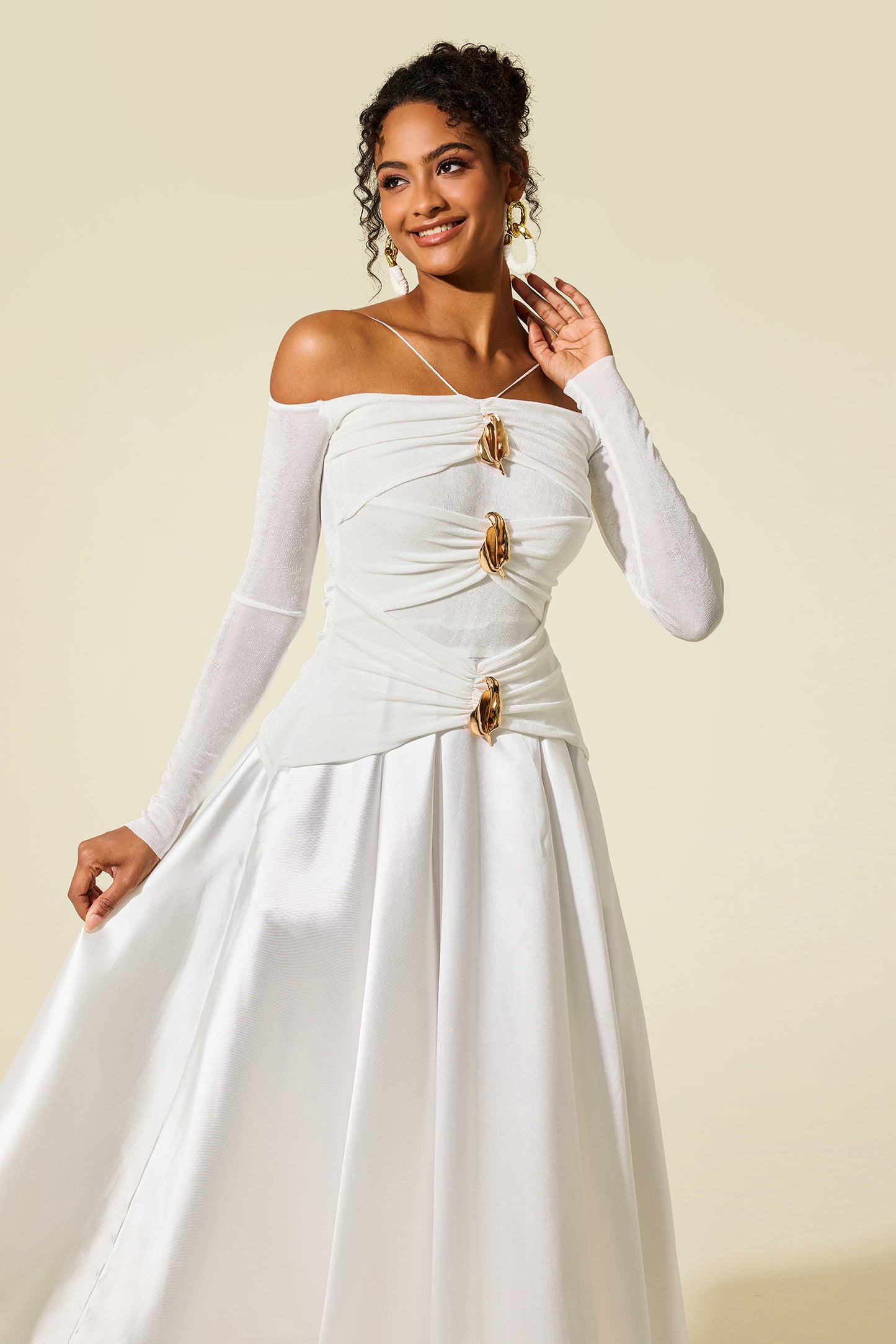 Satin Jersey Long Sleeve Off-Shoulder Midi Dress