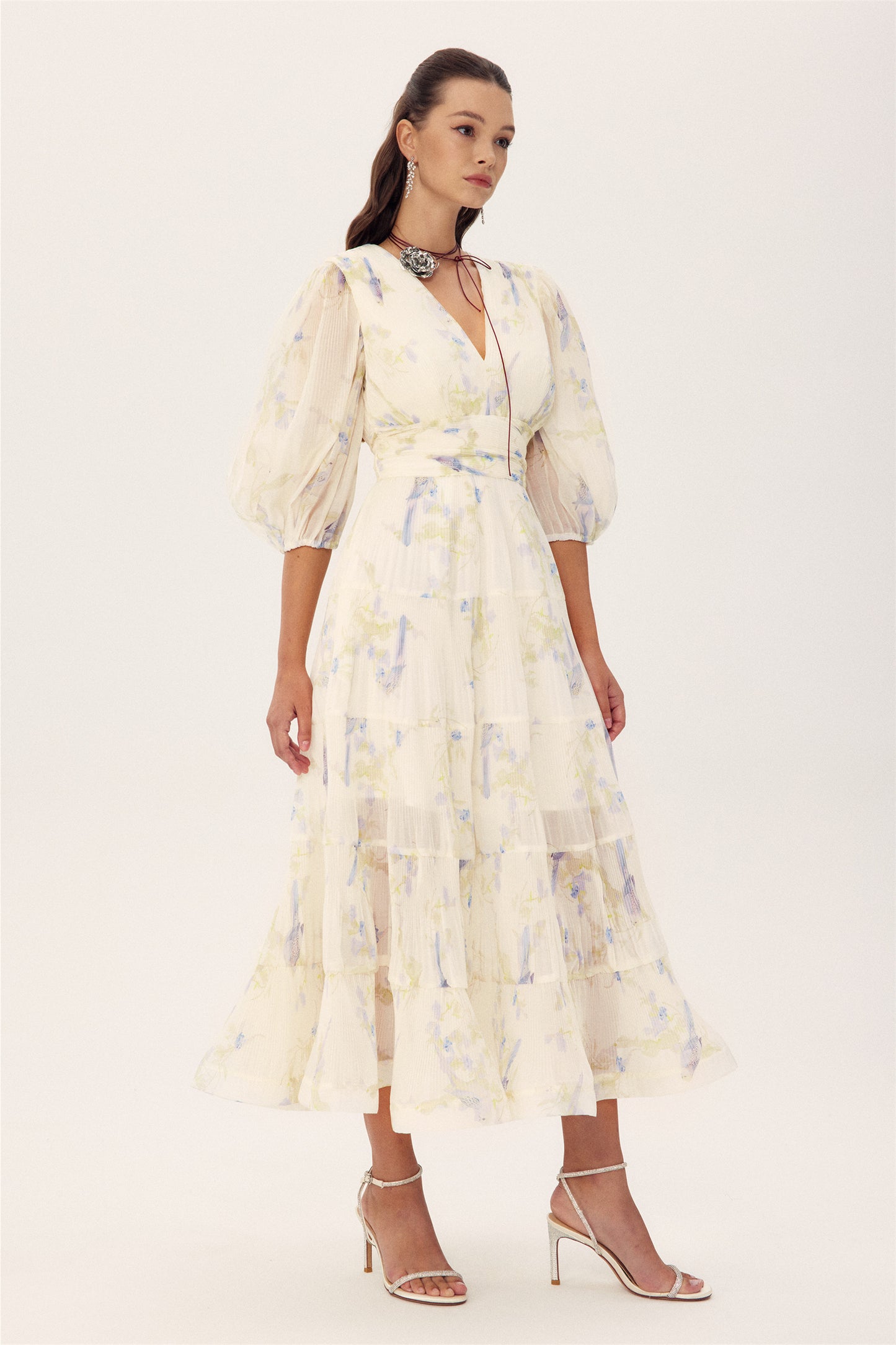 Stephanie Birds Printed V-neck Midi Dress