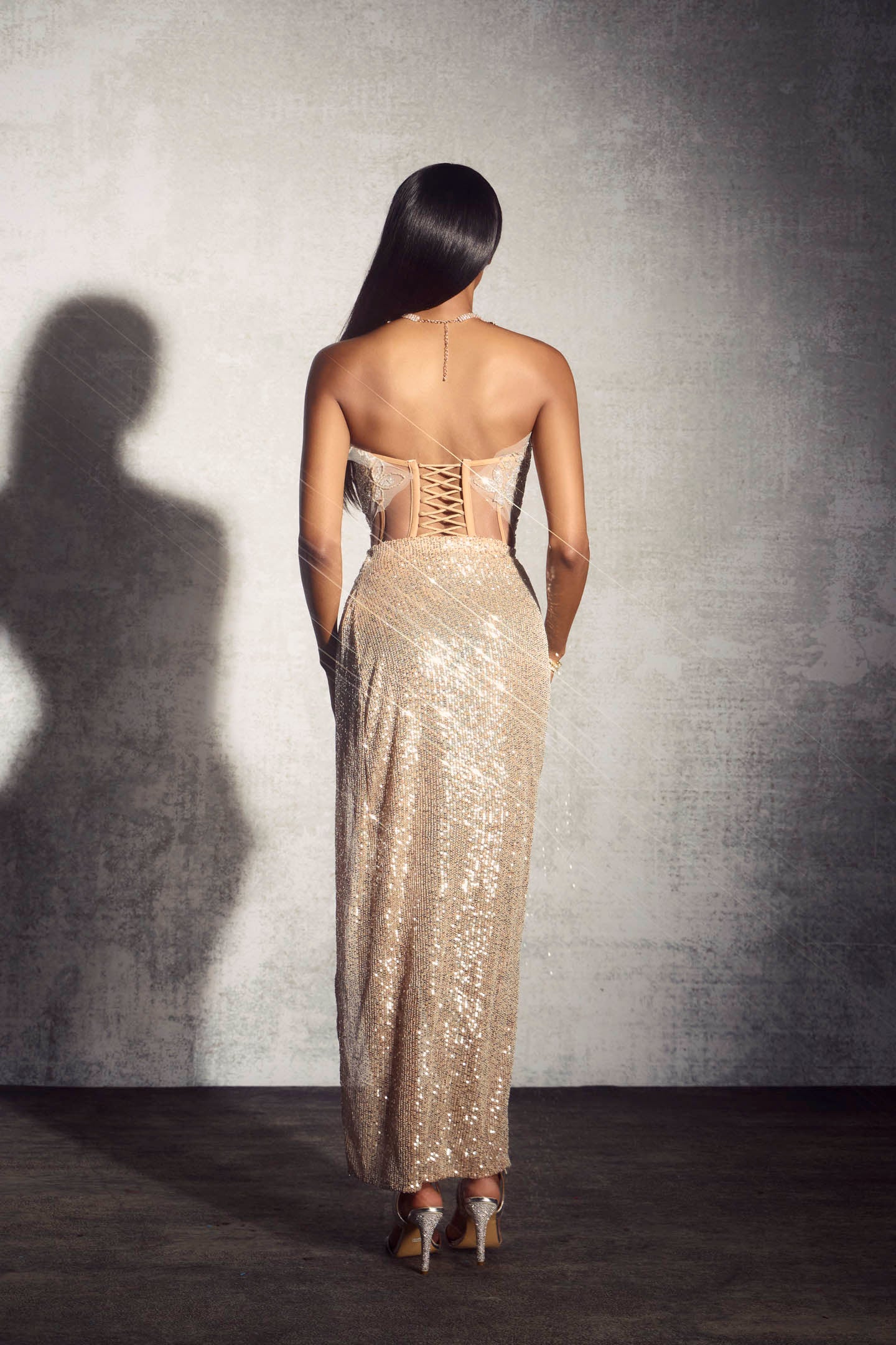 Odelia Sequin Embroidery Strapless Maxi Dress