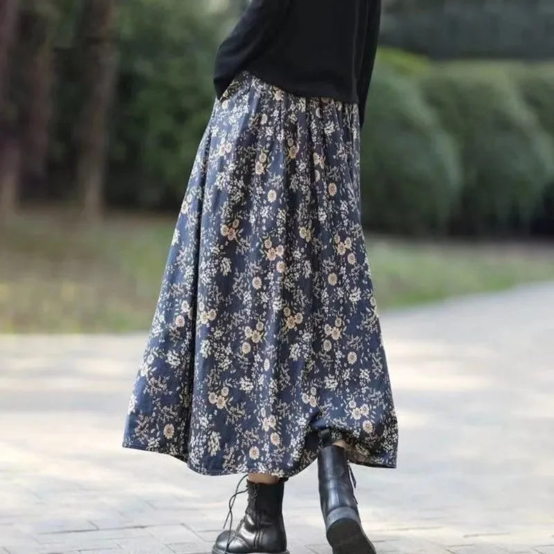Cotton Retro Printed Mid-Long Loose Skirt