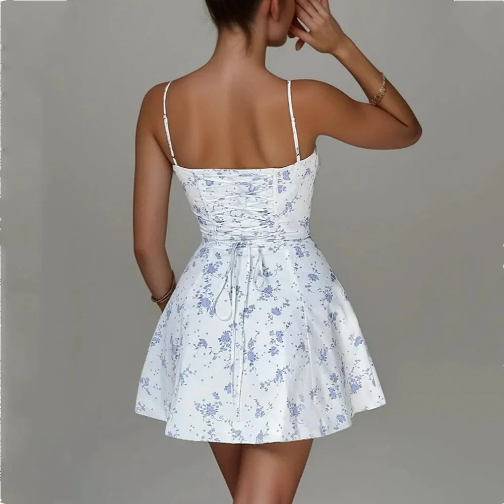 Flower Ruched Bow Back Slim Waist Mini Dress