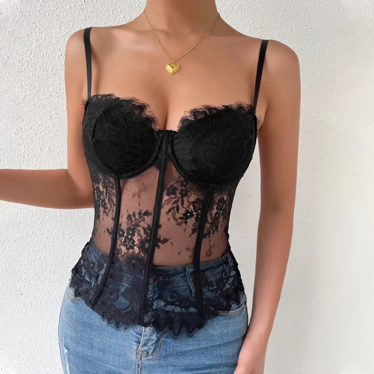 Black Lace Eyelash See-through Fishbone Bustier