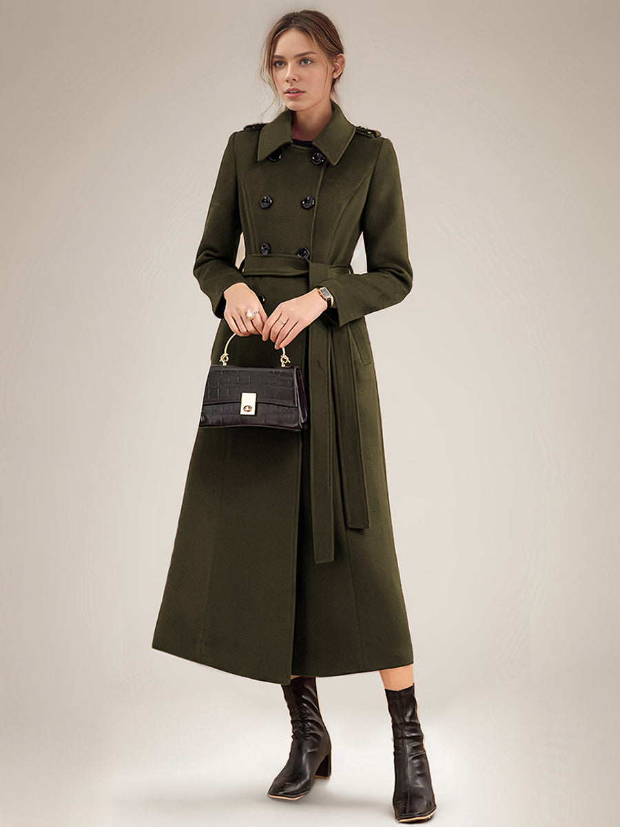 Long Wool Blend Coat For Women Burgundy Double-breasted Belted Turndown Collar Classic Winter Outerwear 2026