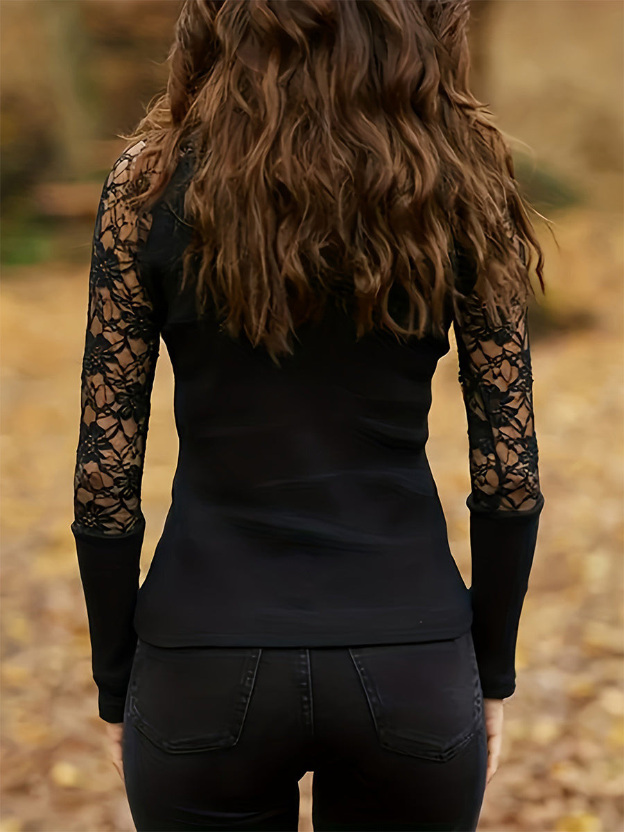 Lace Long Sleeves Tees High Collar Black Sexy Women's Top