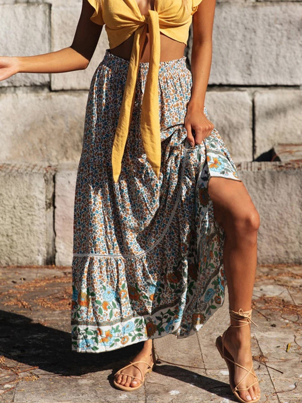 Red Full Skirt Printed High Waist Lace Up Boho Casual Summer Long Dresses