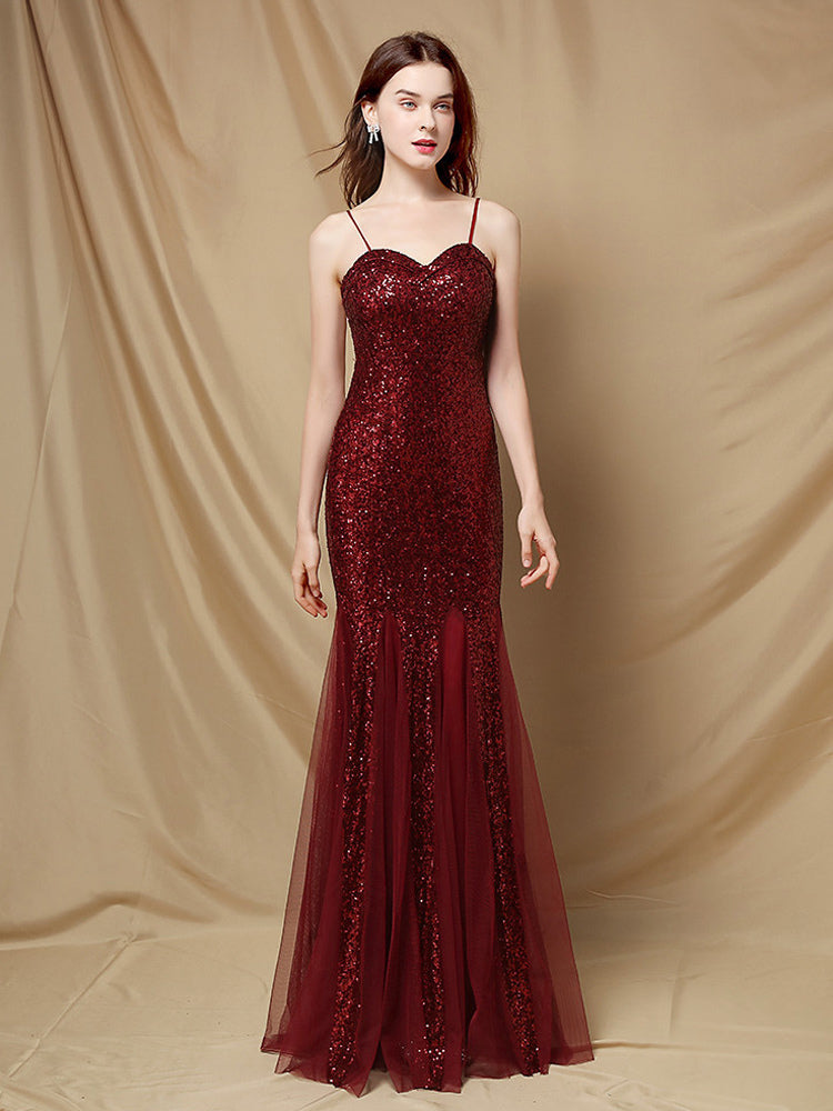 Party Dress Spaghetti Straps Tulle Sequins Elegant Long Mermaid Dress In Burgundy