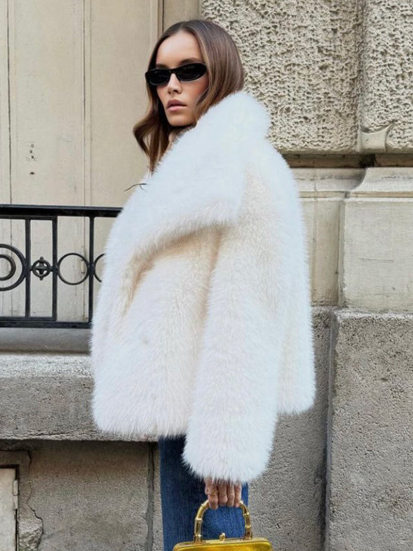 Faux Fur Coat Lapel Chic White Winter Eco-friendly Fur Jacket