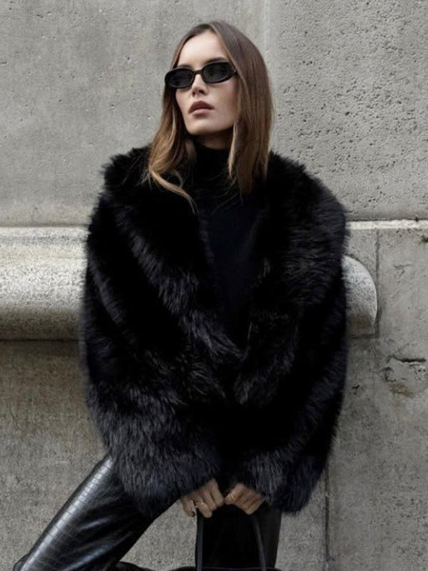 Faux Fur Coats Black Raised Waist Long Sleeves Faux Fur Jacket Winter Coat