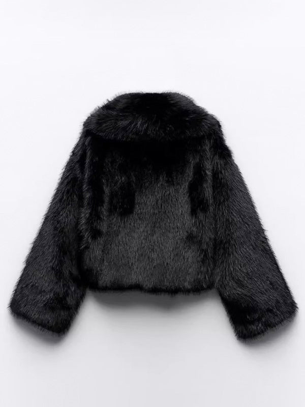 Faux Fur Coats Black No Waistline Long Sleeves Oversized Winter Coat