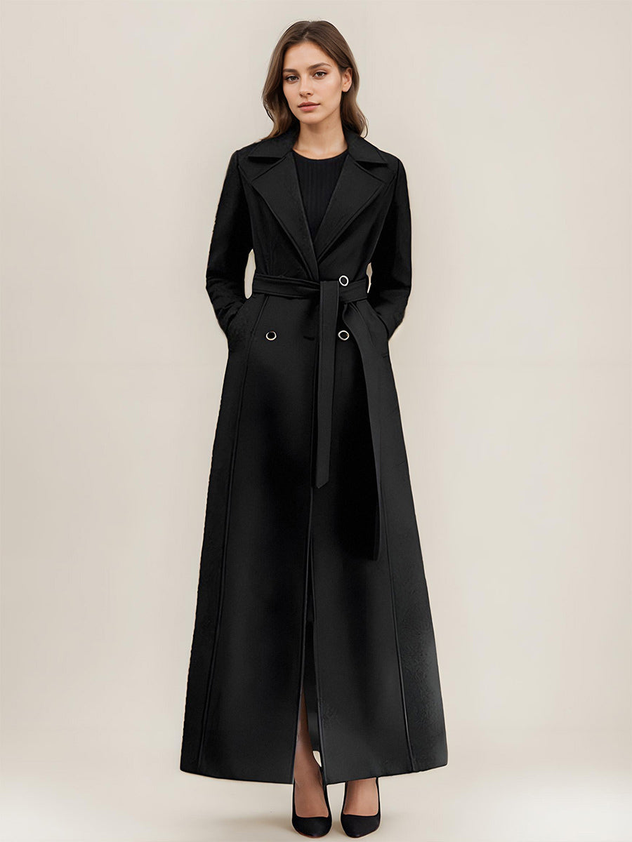 Gray Wool Blend Coat For Woman Lapel Belted Double-breasted Chic Full Length Wrap Outerwear 2026