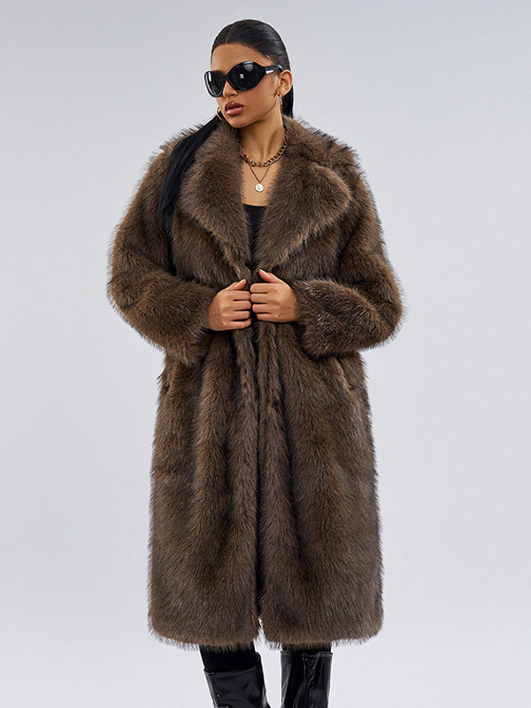 Faux Fur Coats In Deep Brown Notched Lapel Oversized Winter Long Jacket For Women 2026