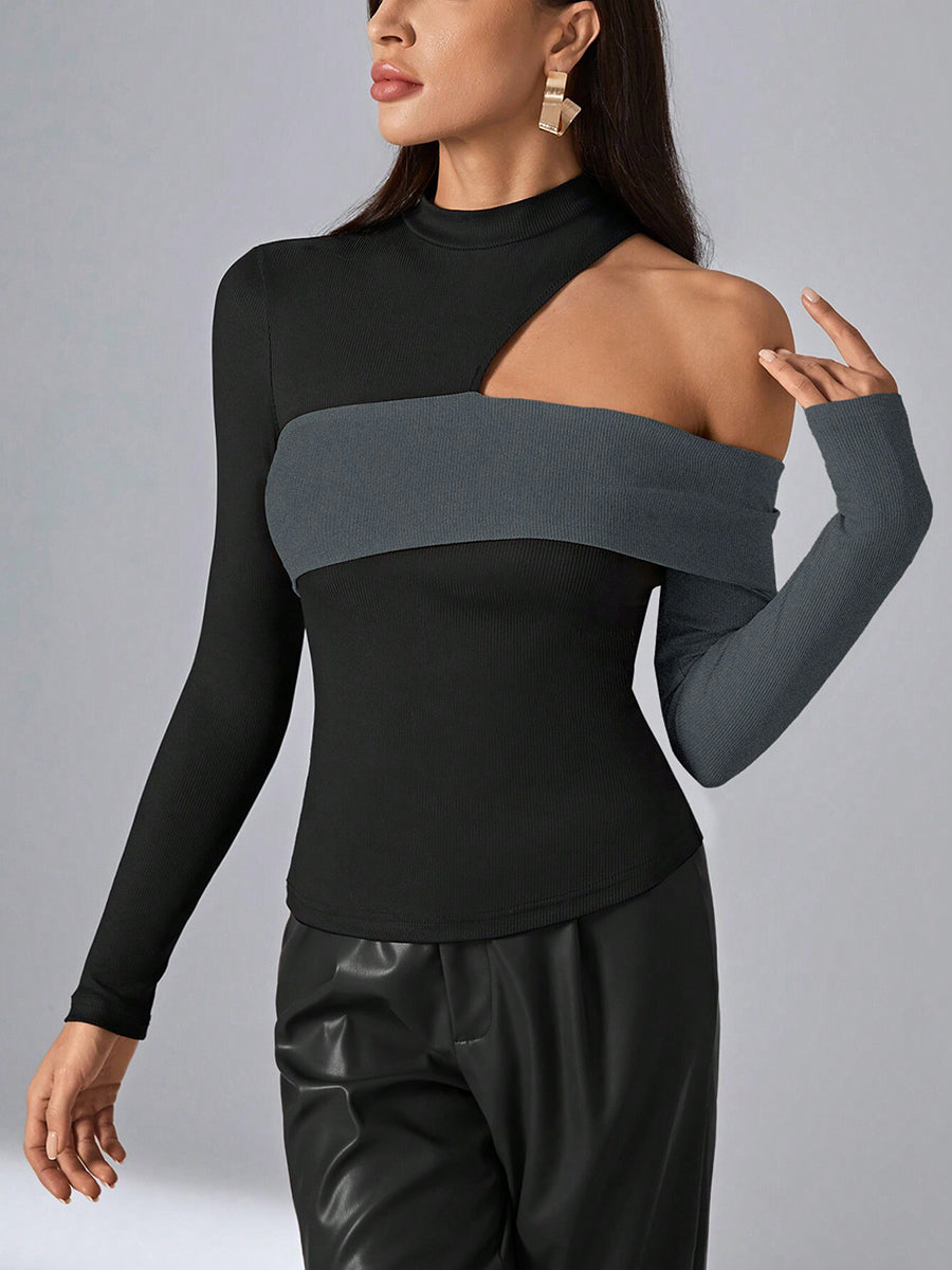 Long Sleeves Tees Black Polyester Color Block Asymmetrical Designed Neckline Women T Shirt
