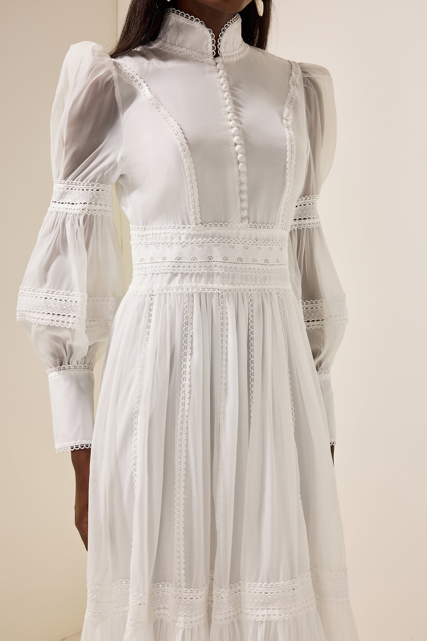 Stand Collar Puff Sleeve Lace Midi Dress