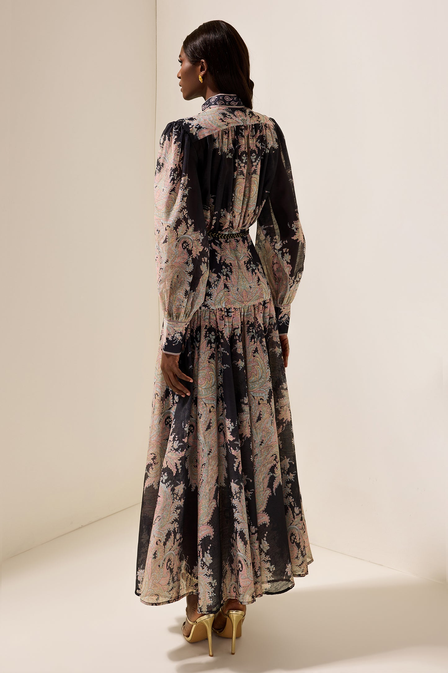 Paisley Print Lantern Sleeve Maxi Dress With Belt