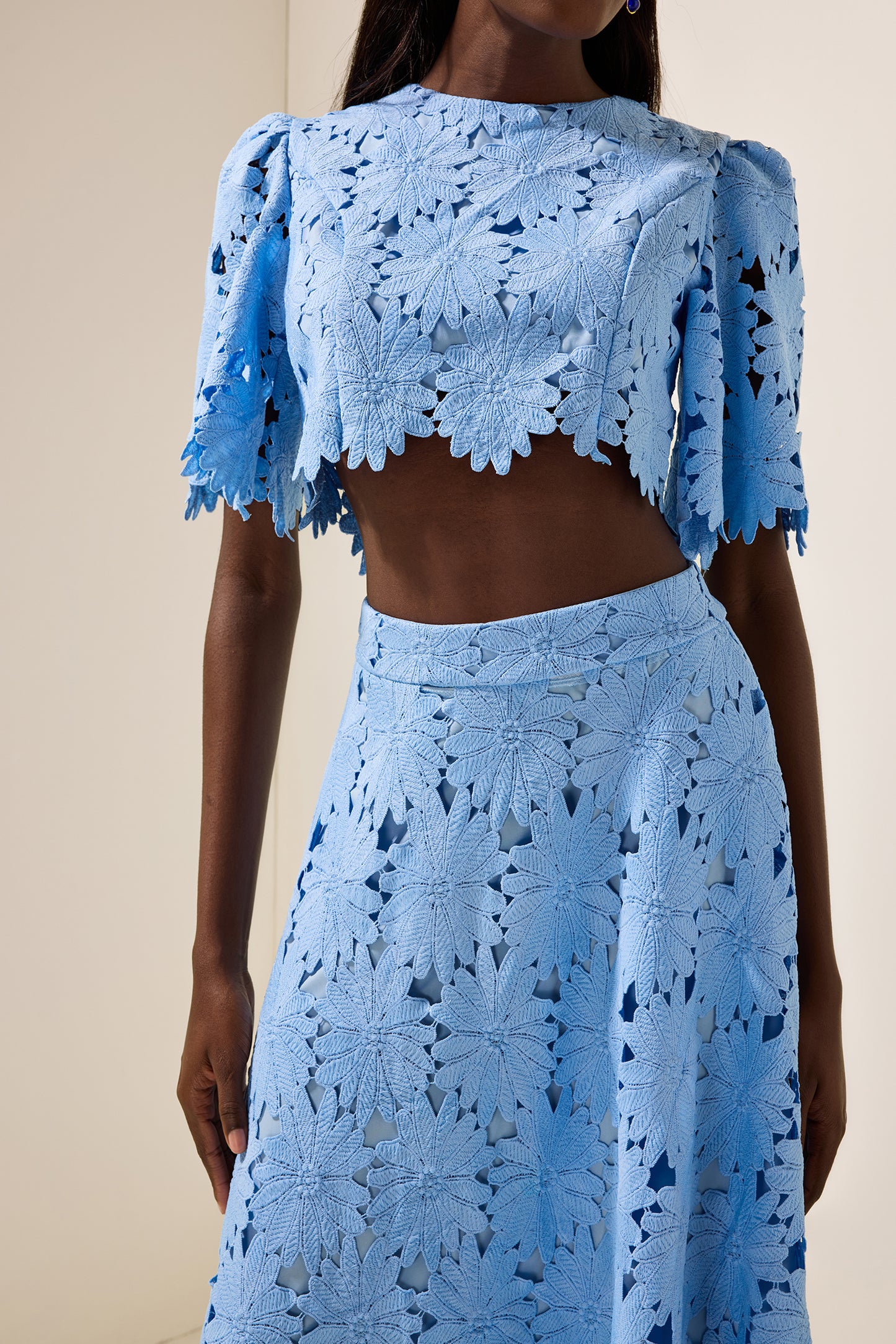 Embroidered Solid Top & Mid Waist Embroidered Skirt Set