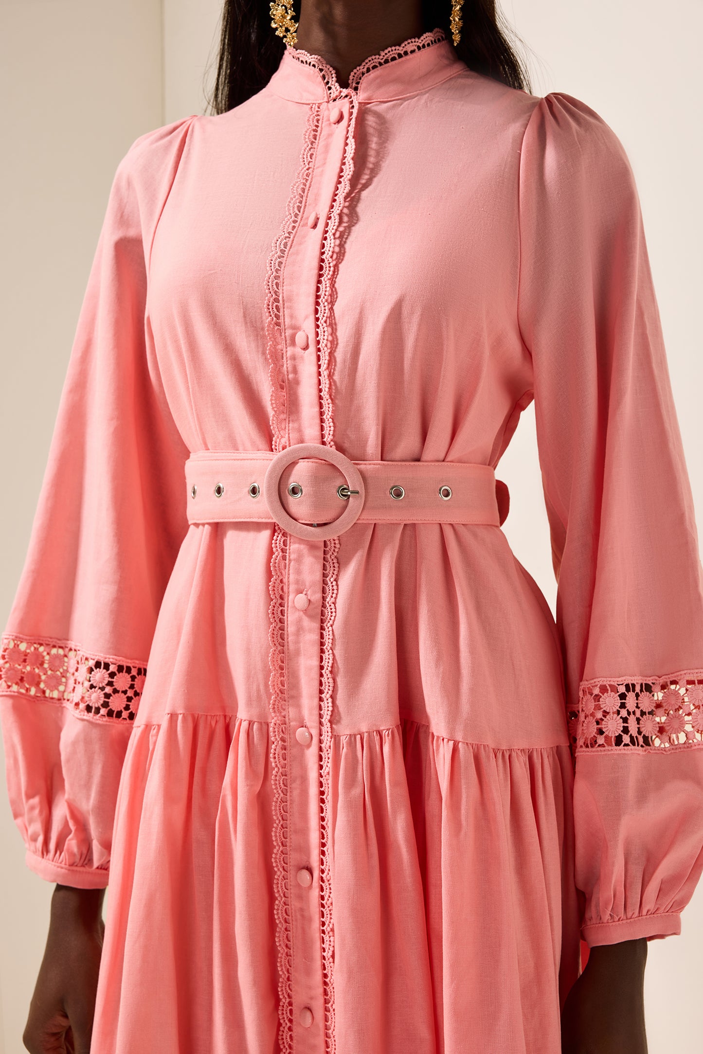 Solid Lantern Sleeve With Belt Midi Dress