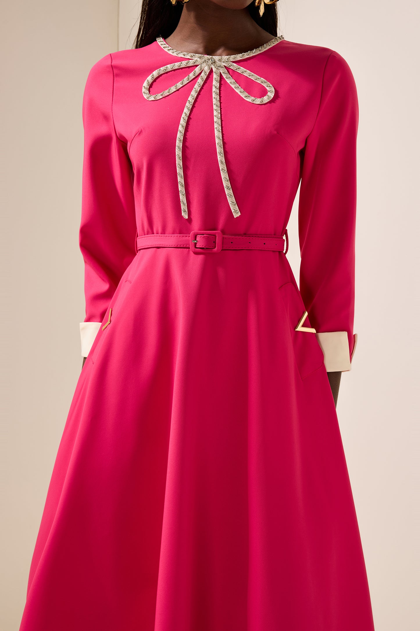 Solid Rhinestone Midi Dress With Belt