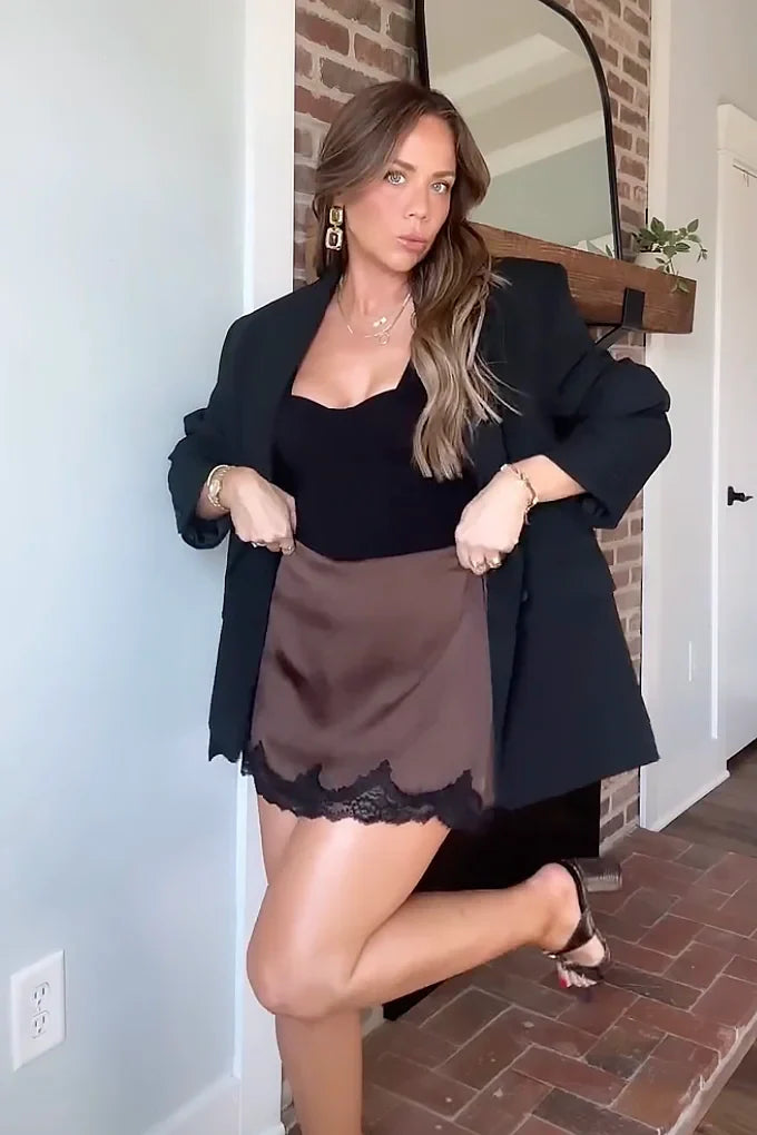 Textured Satin Skirt with Statement Jacket & Bodysuit