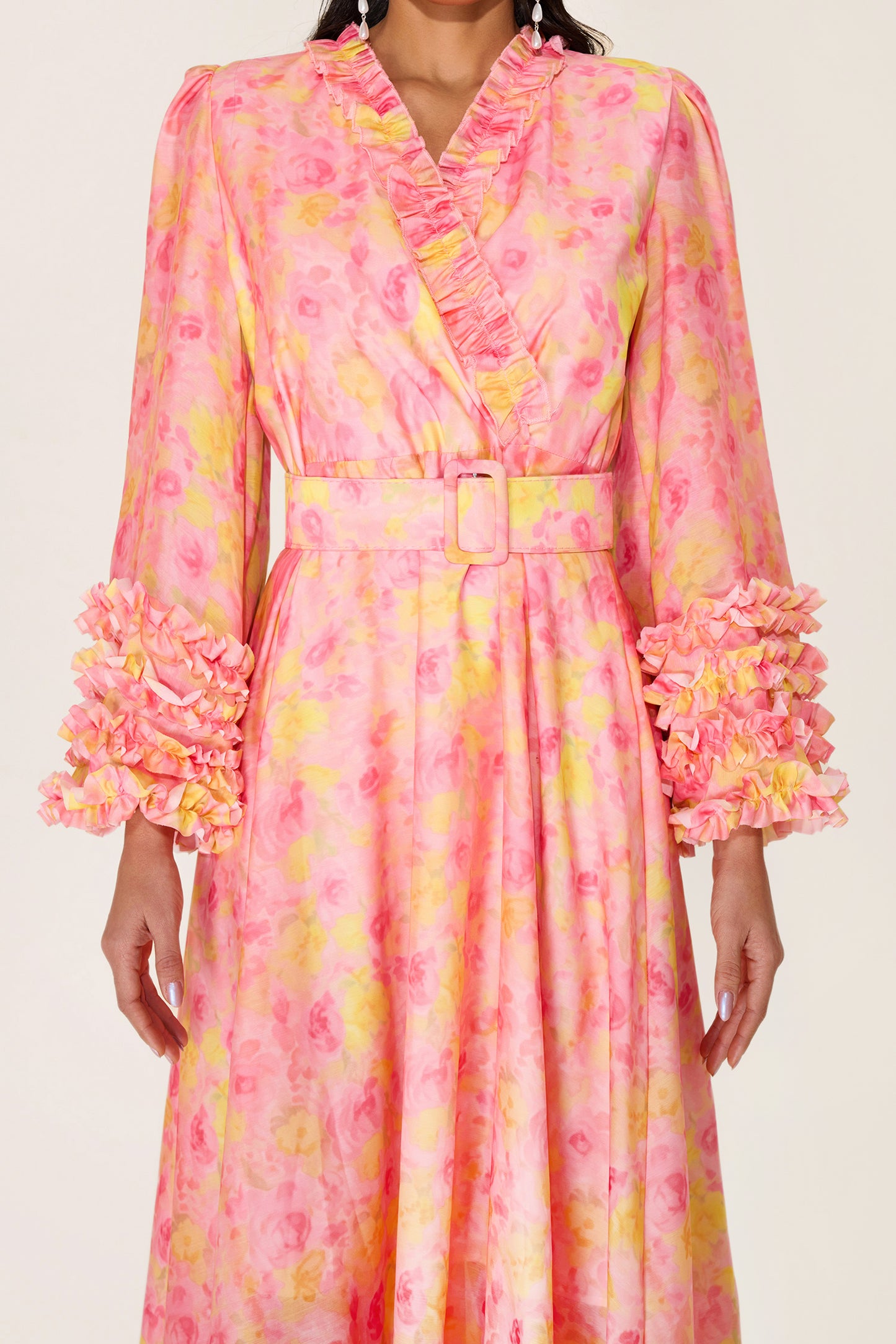 Floral Long Sleeve V-Neck Midi Dress With Belt