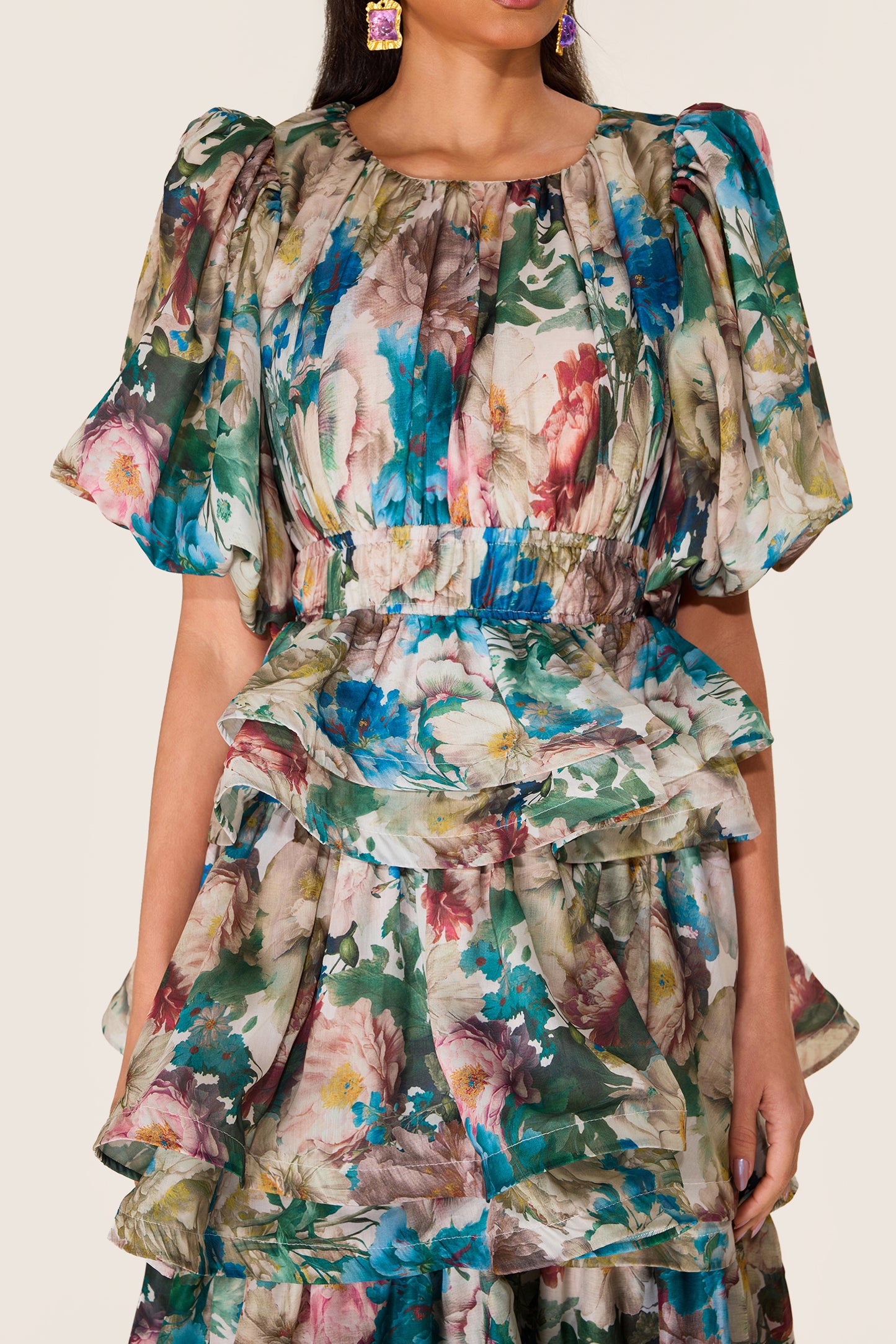 Floral Puff Sleeve Tiered Midi Dress