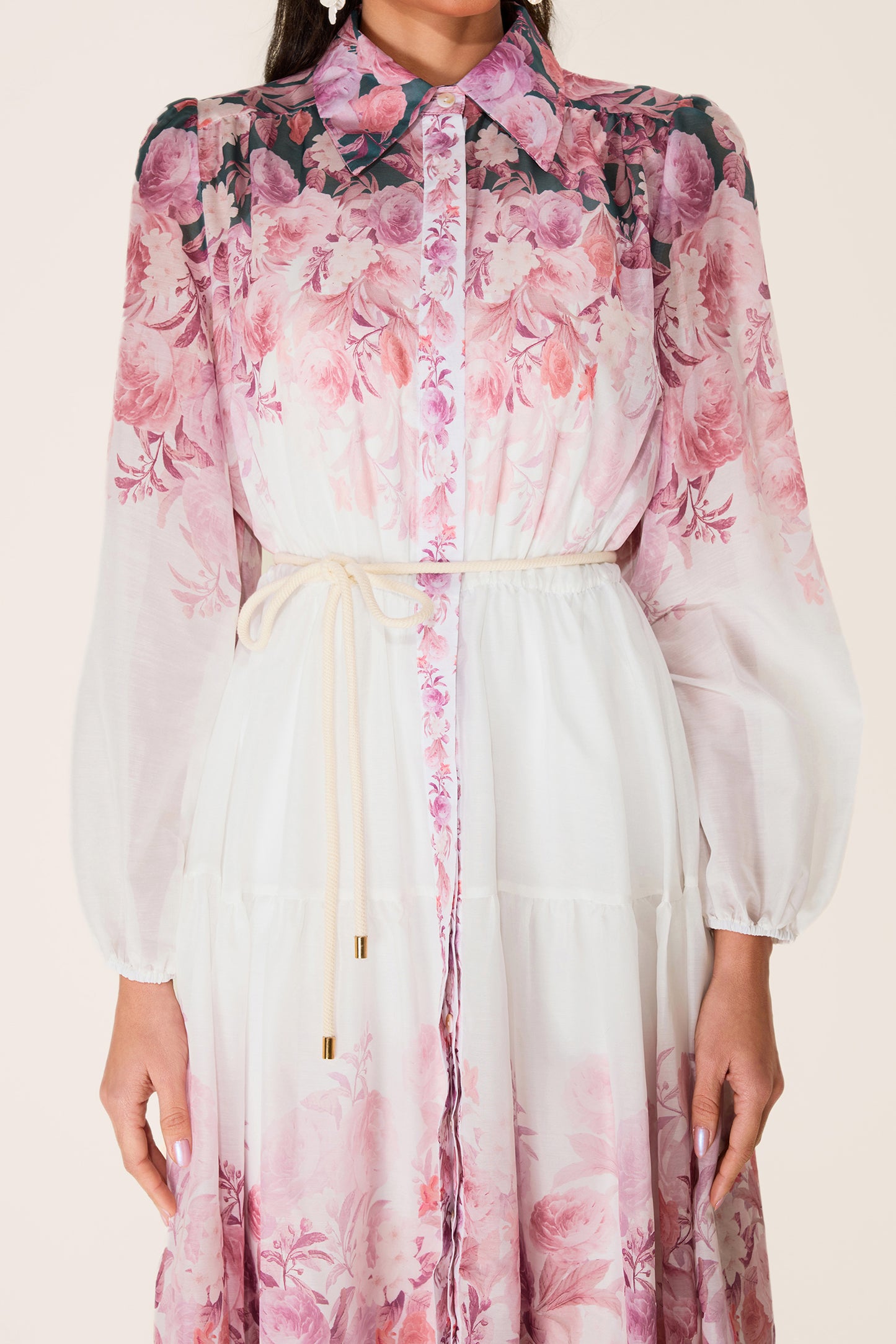 Floral Shirt Collar Long Sleeve Midi Dress