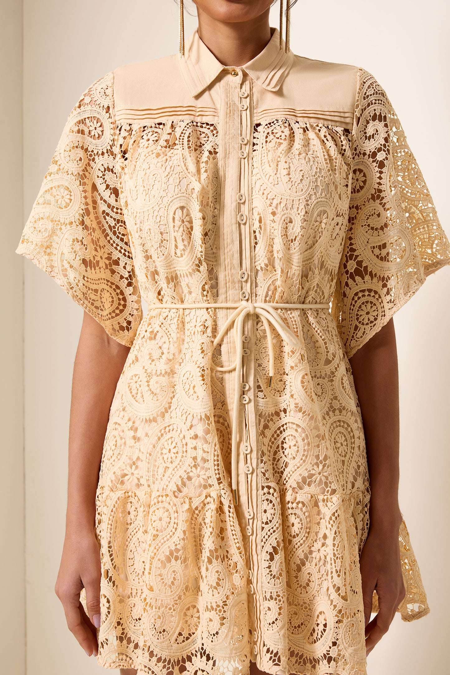 Solid Lace Shirt Collar Mini Dress