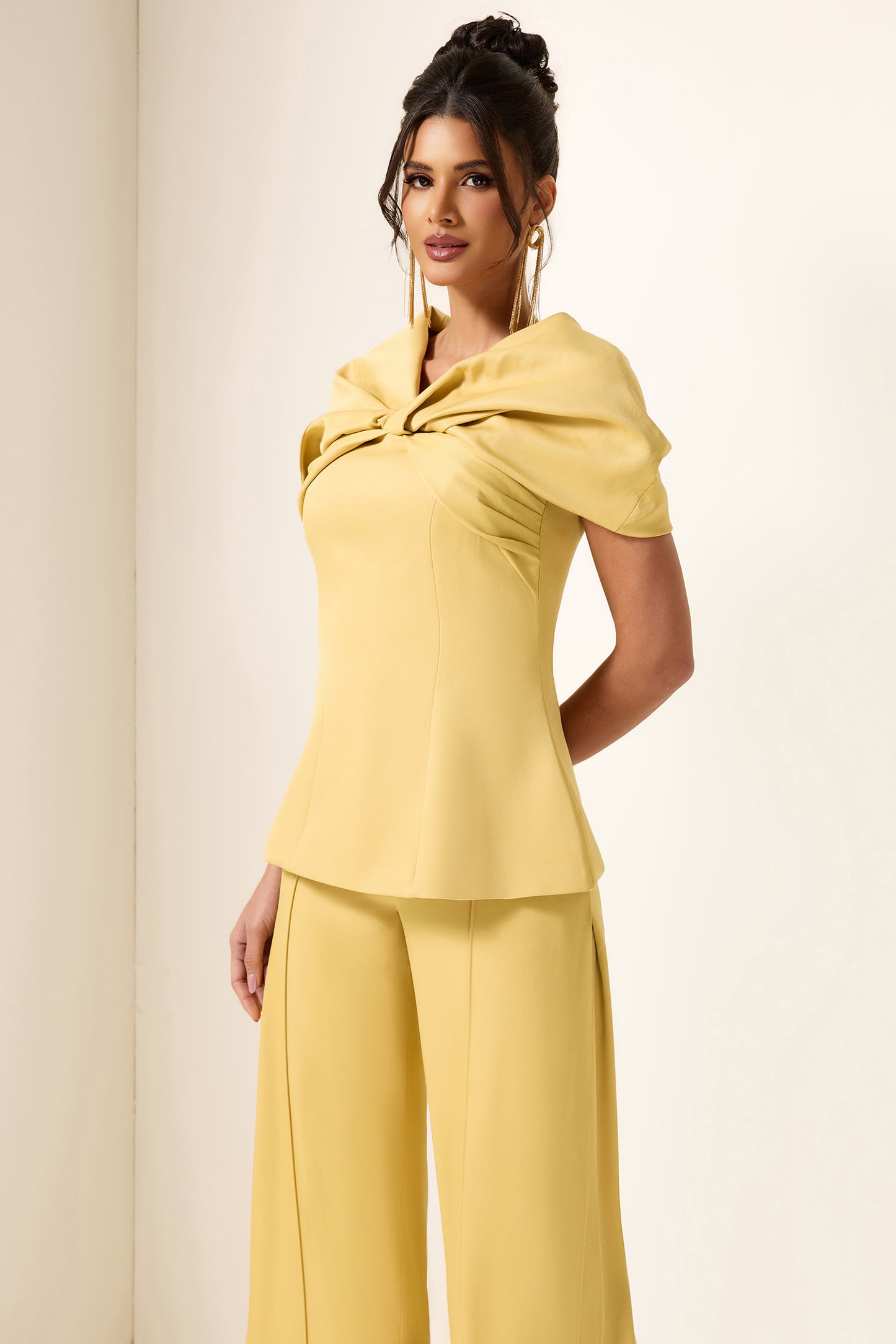 Knotted V-Neck Solid Top & High Waist Loose Pants