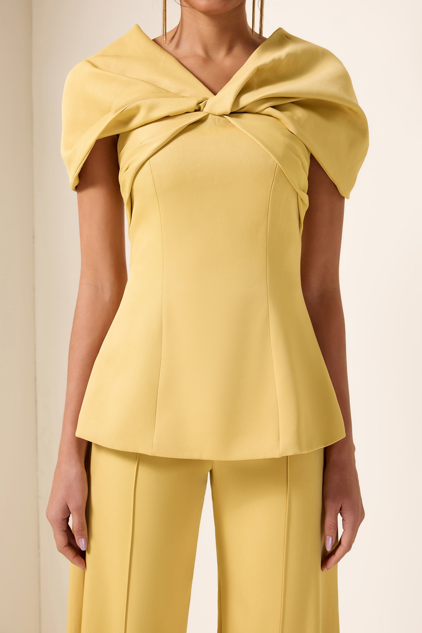 Knotted V-Neck Solid Top & High Waist Loose Pants