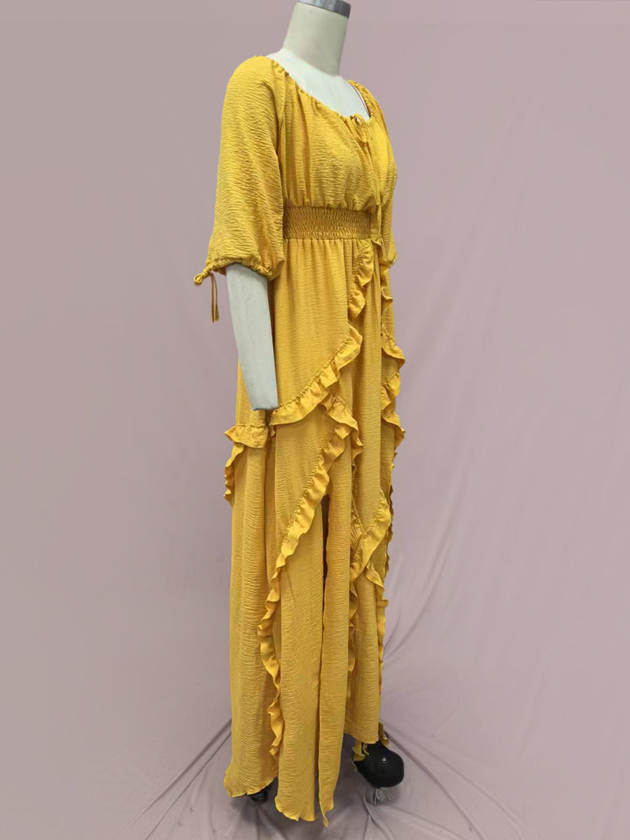 Square Neck Boho Maxi Dress for Women - Three Quarter Sleeve Tiered Ruffle Hem Smocked Flowy Long Dress - Summer Beach 2026