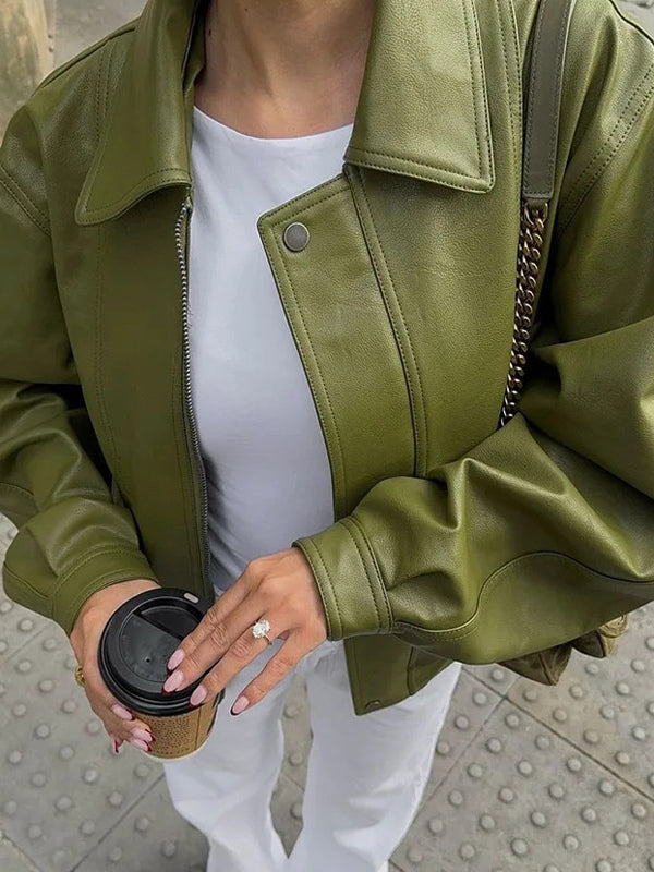 Faux Leather Bomber Jacket In Green Turndown Collar Spring Outerwear For Women 2026