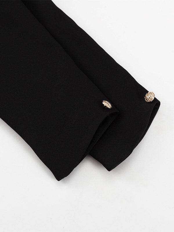 Square Neck Button-Up Blazer Jacket With Gold Buttons Slim Fit Black Top For Women 2026