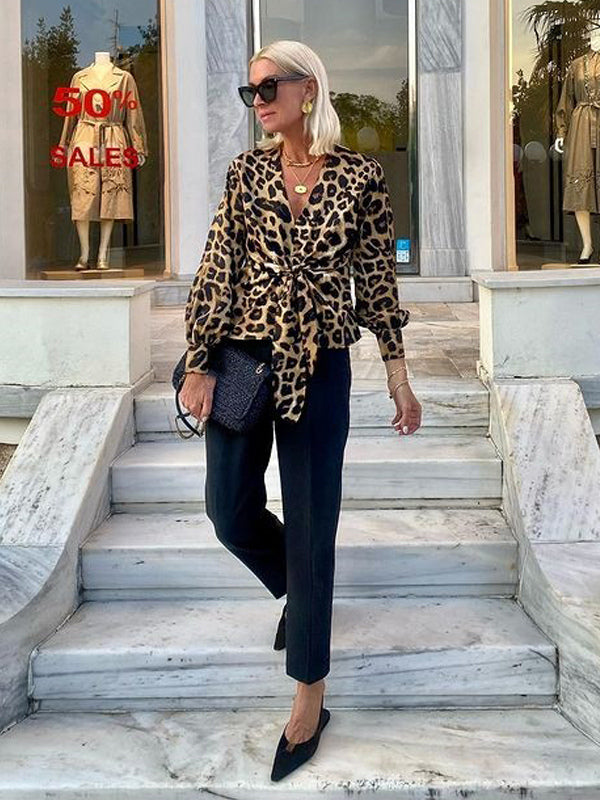 Leopard Print Blouse With Tie Detail V-neck Lantern Sleeves Top For Women 2026
