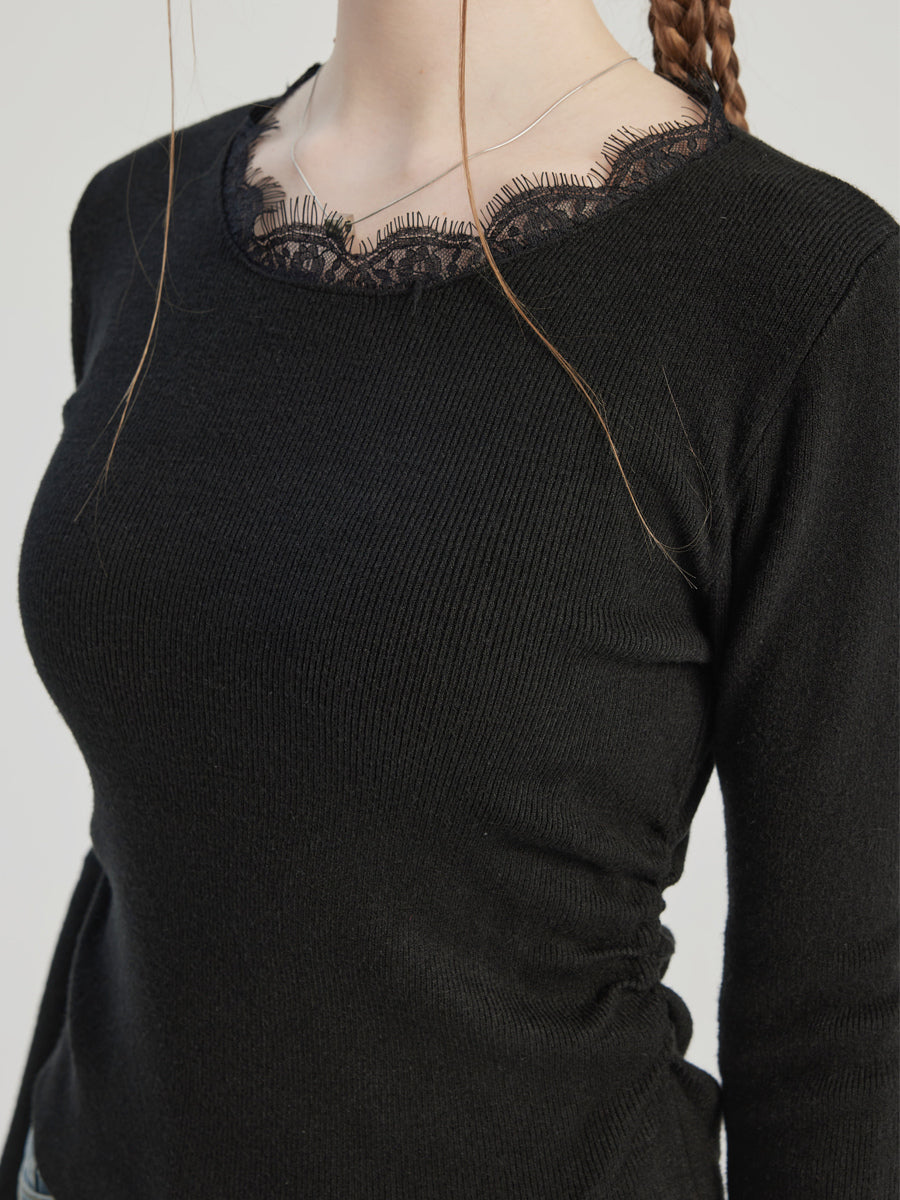 Black Basic T-shirt With Lace Decoration Crew Neck Spring Top For Women 2026