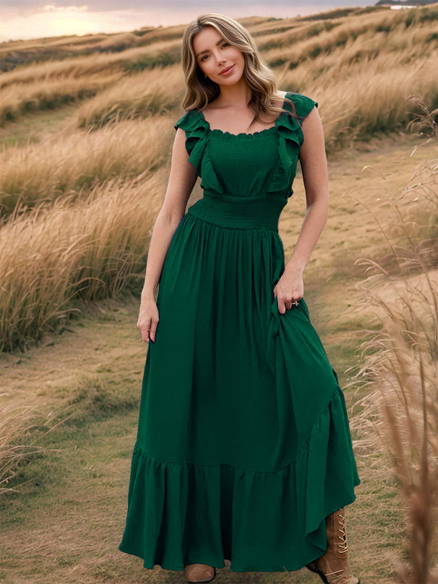 Smocked Waist Maxi Boho Dress for Women - Flutter Sleeve Square Neck Tiered Ruffle Flowy Gown - Summer Beach Sundress 2026