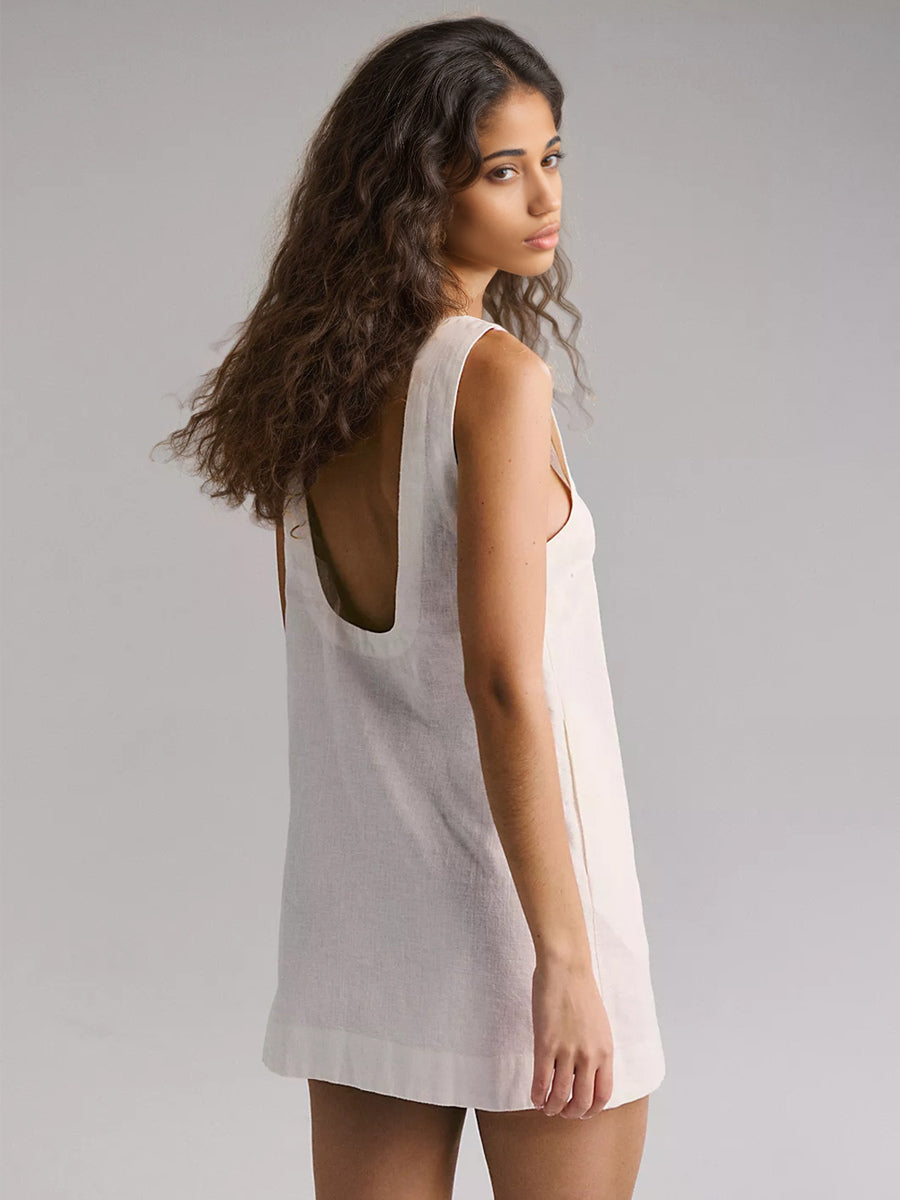 Cotton Mini Shift Dress for Women - Casual Scoop Neck Backless Sleeveless Tunic Shift Dress with Pockets - Summer Beach 2026