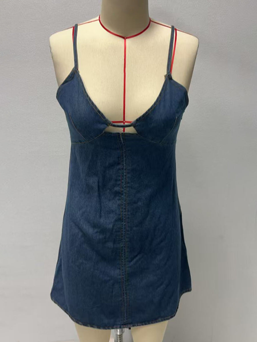 Denim Cut-Out Mini Slip Dress For Women 2026