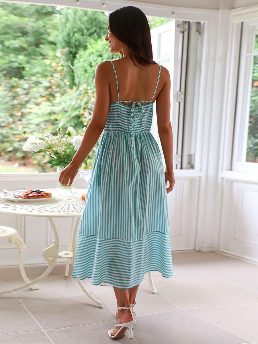 Striped Long Sundress for Women - Cottagecore Knotted Bust V Neck Backless Cami Flare Dress - Summer Beach Picnic 2026