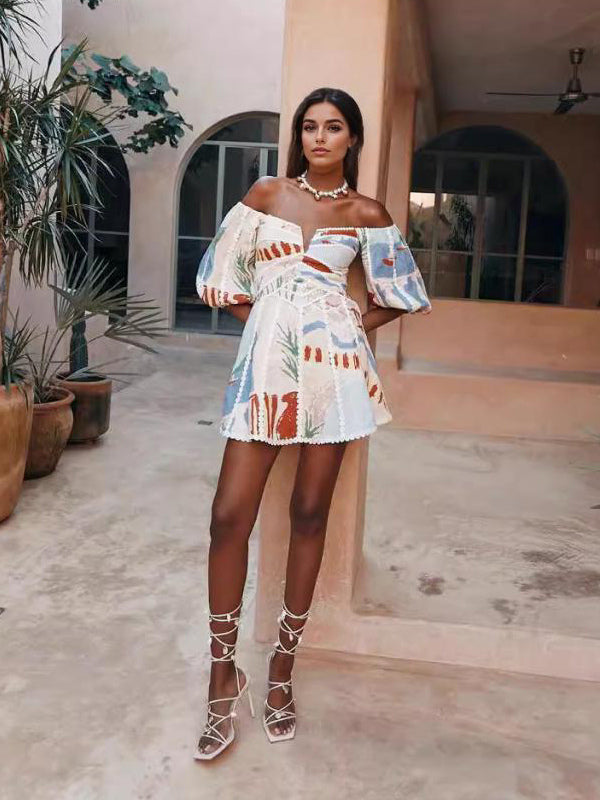 Off Shoulder Printed Mini Dress for Women - Puff Sleeve V Neck Lace Trim Fit and Flare Sundress - Summer Beach Party 2026