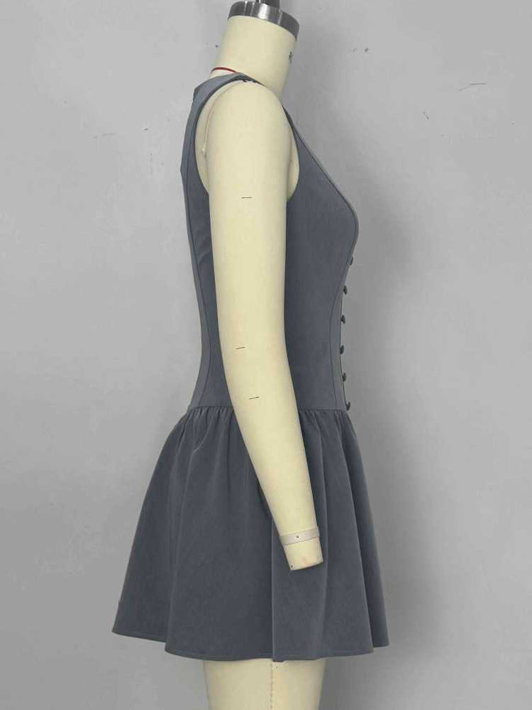 Sleeveless Pleated Mini Dress With Button-Front In Grey For Summer 2026