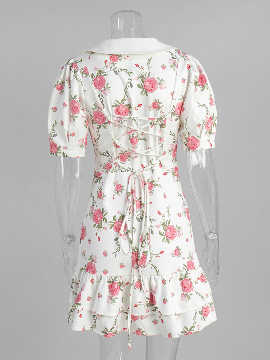 Floral Print Puff Sleeves Mini Dress With Peter Pan Collar And Back Lace-up For Summer 2026